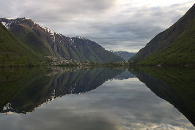 Scenic view of lake and mountains against sky