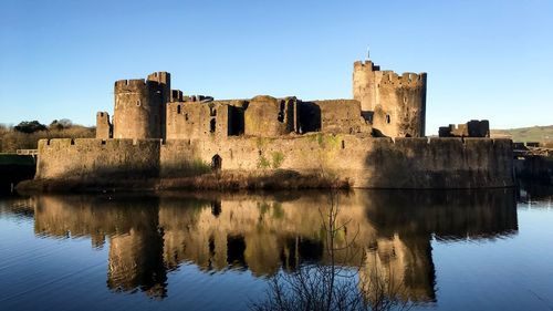 Reflection of fort on river against clear sky