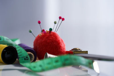 Close-up of multi colored candies on table