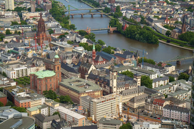 High angle view of river amidst buildings in city