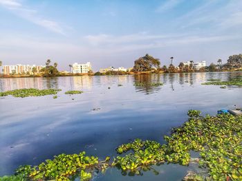 Scenic view of lake by buildings against sky