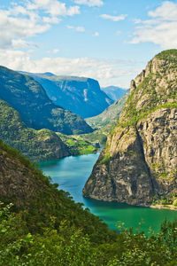 Scenic view of lake and mountains against sky