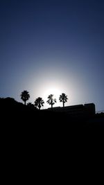 Low angle view of palm trees against clear blue sky