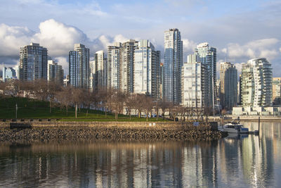 River by modern buildings against sky in city