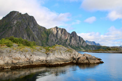 Scenic view of river and mountains against sky