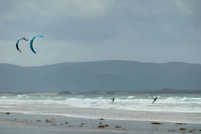 Scenic view of windsurfers by beach against mountains and sky