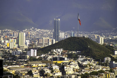 Aerial view of buildings in city against sky