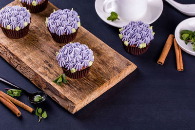 High angle view of cupcakes on table