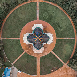 High angle view of carving on metal