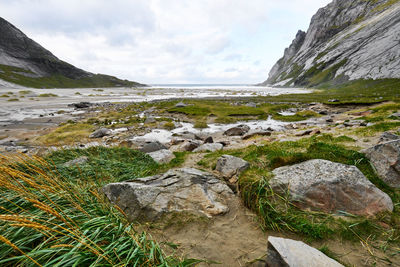 Beautiful view at bunes beach on lofoten islands in norway.