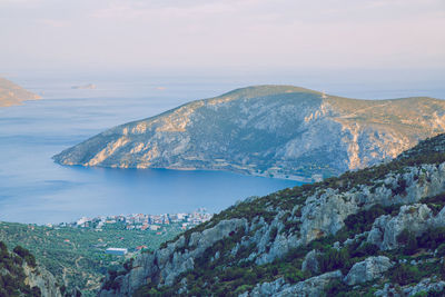 High angle view of bay and sea against sky