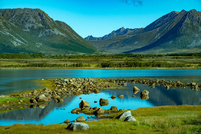 Scenic view of lake against mountain range