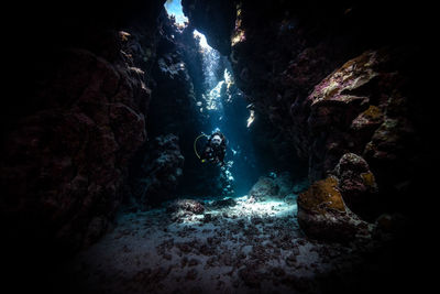 Sunlight falling on man scuba diving at red sea