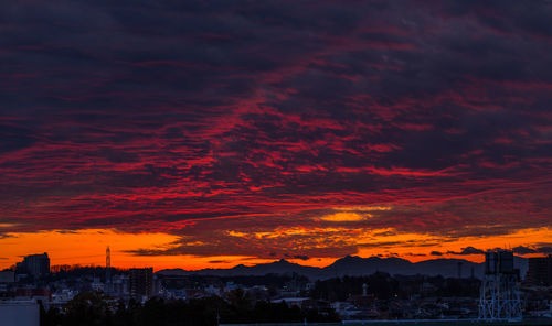 Silhouette cityscape against cloudy sky during sunset