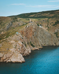 Scenic view of rocky shore and sea against sky
