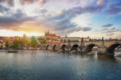 Bridge over river against sky during sunset