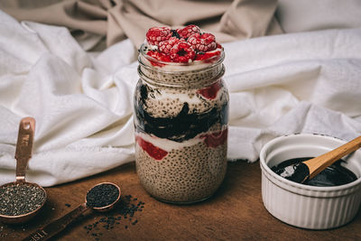 Close-up of ice cream in jar on table