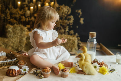 A little girl is sitting on the easter table and playing with cute fluffy ducklings. happy easter.