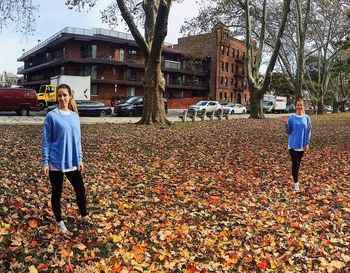 Multiple image of young woman standing on leaves during autumn