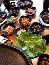 High angle view of food served on table