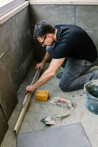 High angle view of man working