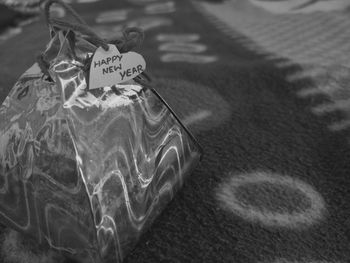 Close-up of text on table