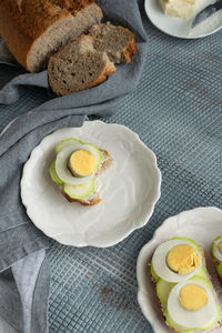 High angle view of breakfast served on table