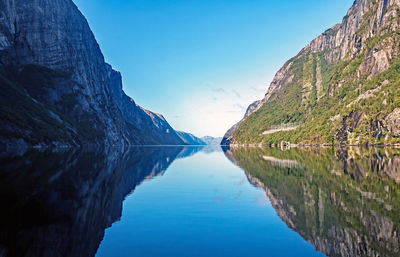 Scenic view of lake and mountains against clear blue sky