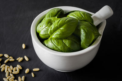 High angle view of salad in bowl on table