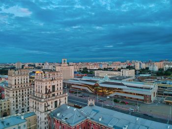 High angle view of buildings against sky