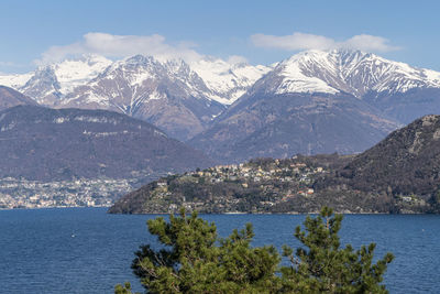 Landscape of the lake of como with the alps in background