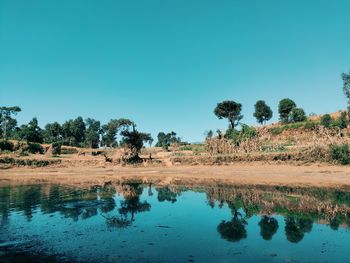 Scenic view of lake against clear blue sky