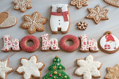 High angle view of christmas cookies on table