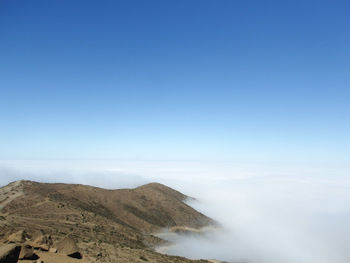 Scenic view of mountain against blue sky