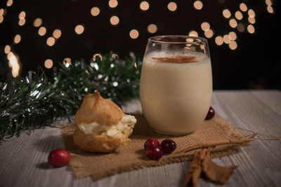 Close-up of food and drink on table during christmas