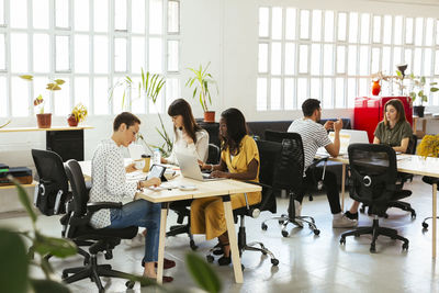 Colleagues working at desk in office