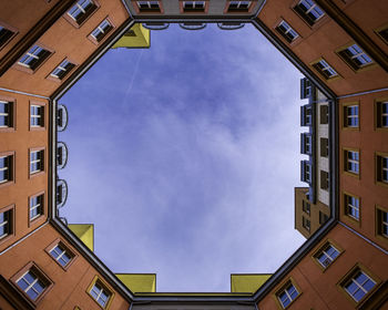 Looking up in the center of an octagon shaped colorful building