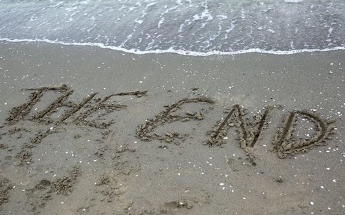 High angle view of text on sand at beach