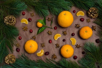 Directly above shot of food amidst christmas decoration on table