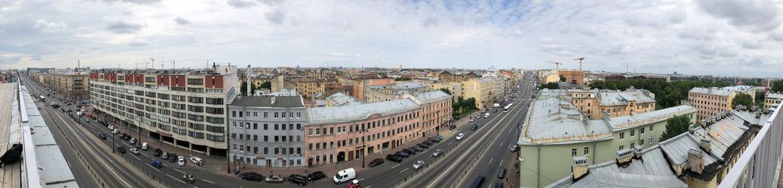 High angle view of city street against sky