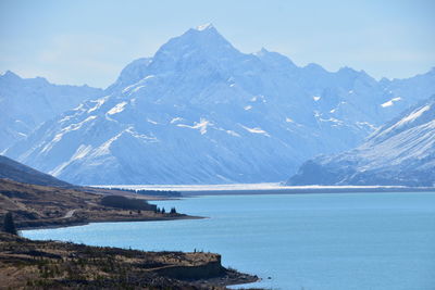 Scenic view of snowcapped mountains by sea against sky