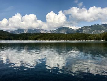 Scenic view of lake by mountains against sky