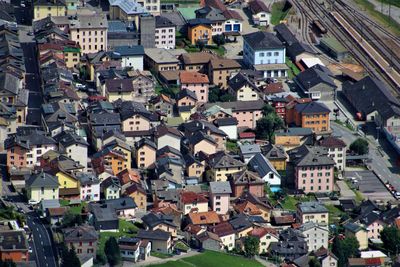 High angle view of houses in city