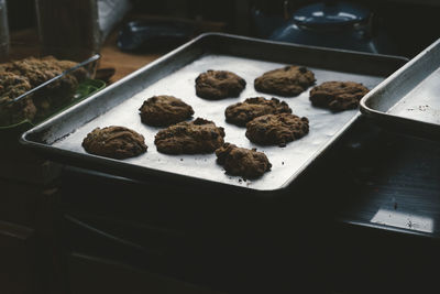 High angle view of cookies on tray