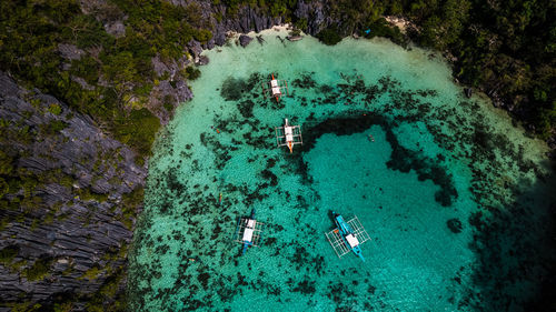 In the photo, a vibrant tropical boat near a beautiful beach or rocky shore.