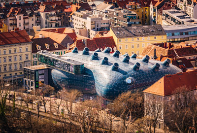 High angle view of buildings in town