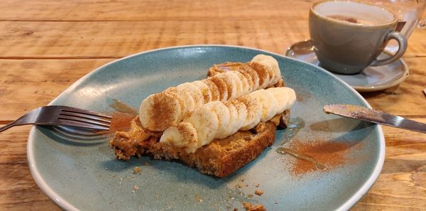 High angle view of breakfast on table