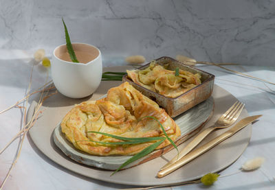 Close-up of breakfast served on table