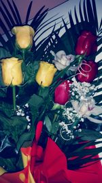 High angle view of various flowers on table