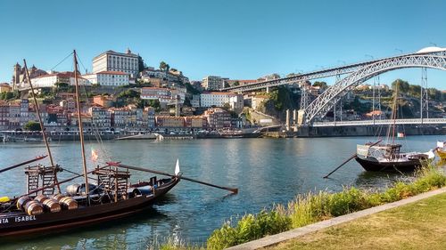 Boats in river with city in background